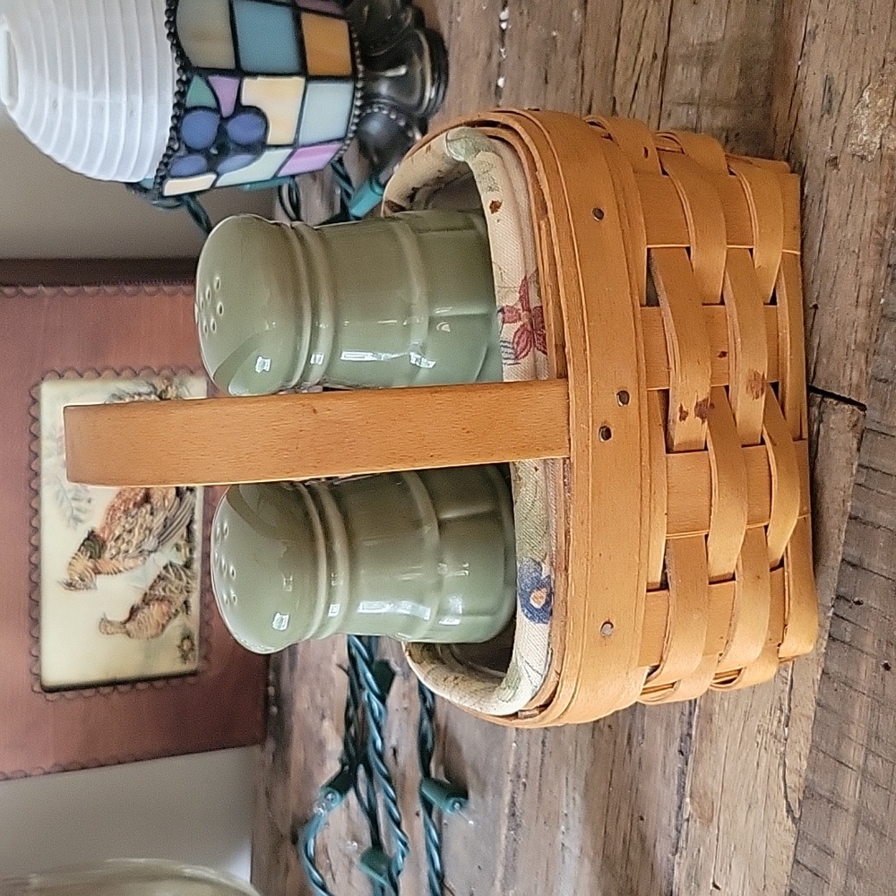 Longaberger Vintage Salt and Pepper Shakers in Handwoven lined Basket